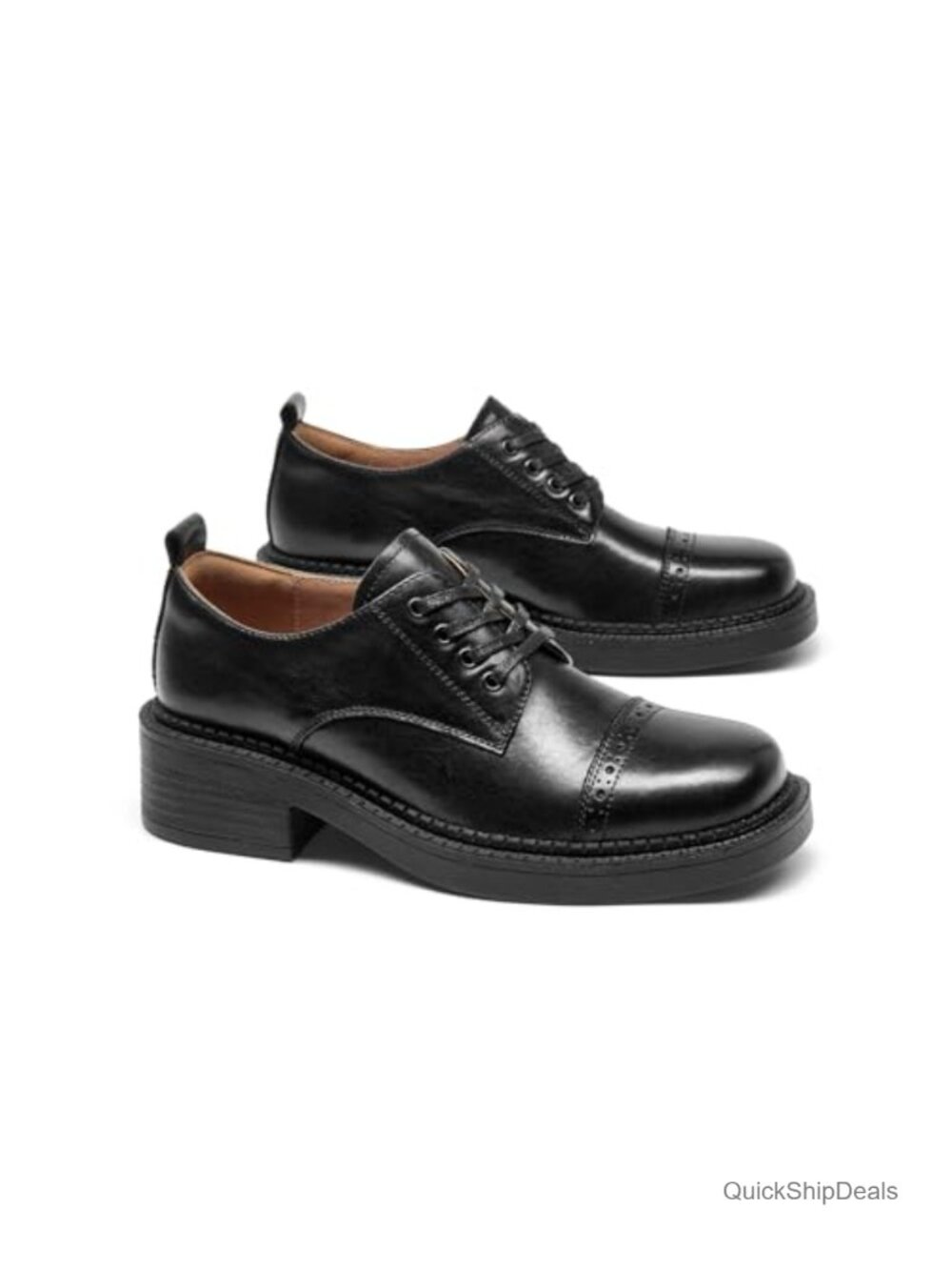 Women's Genuine Leather Vintage Brogue Cap Toe Oxford Shoes Block Heel